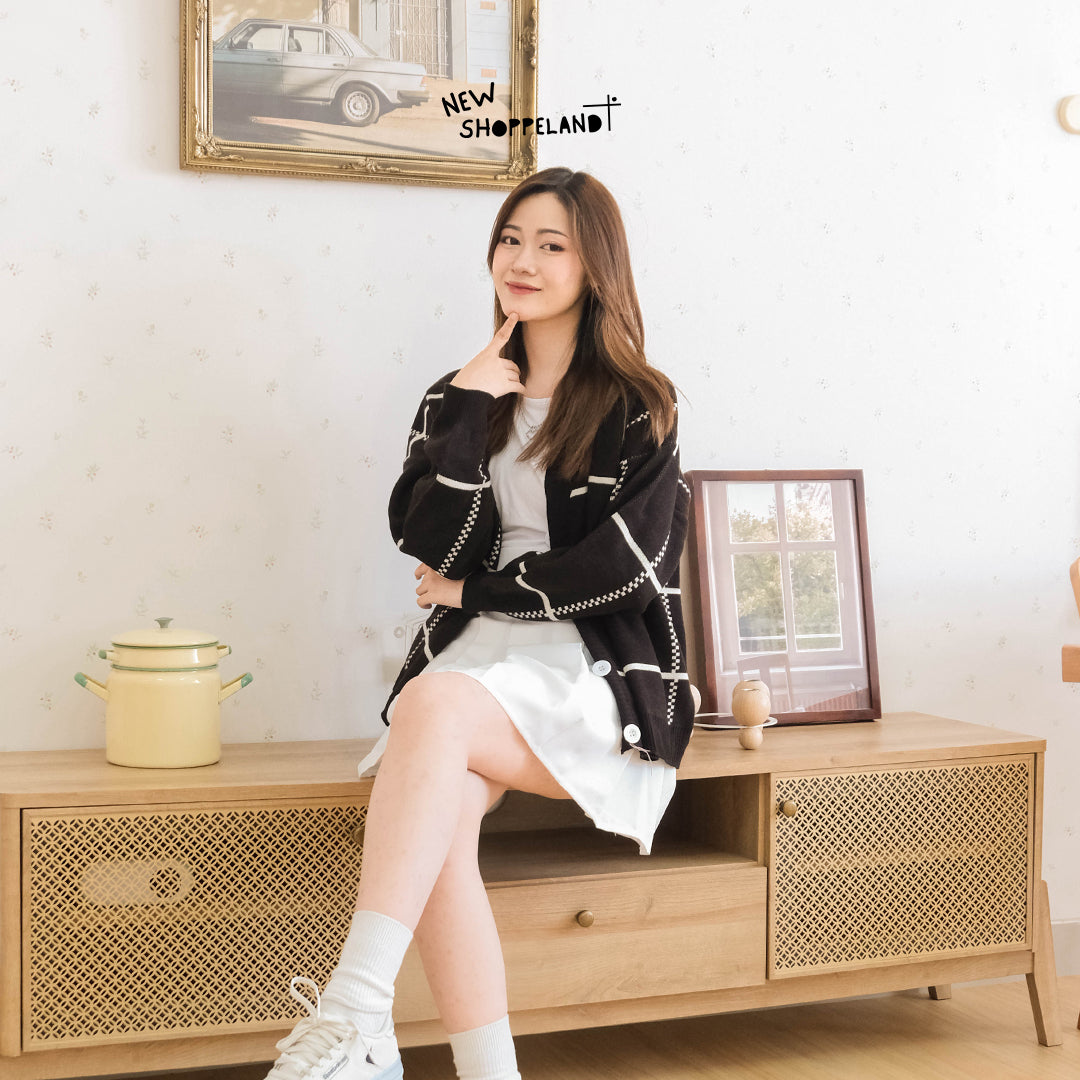 Nathan Grid Line Oversize Knit Cardigan Premium Korean Style