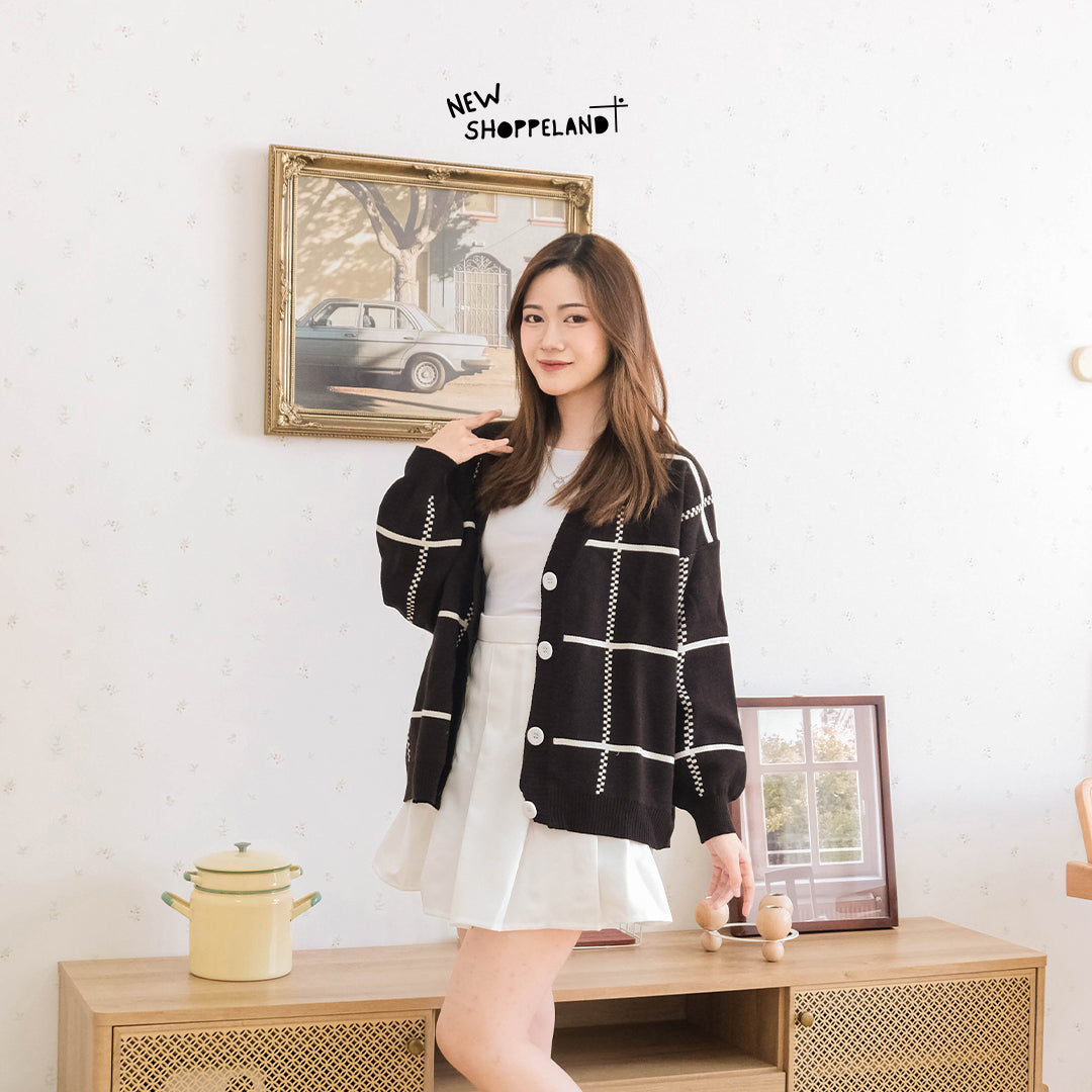 Nathan Grid Line Oversize Knit Cardigan Premium Korean Style