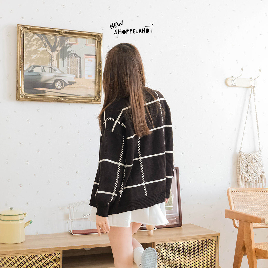 Nathan Grid Line Oversize Knit Cardigan Premium Korean Style