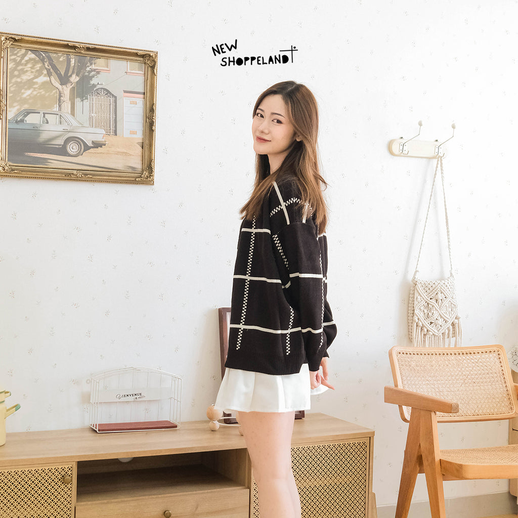 Nathan Grid Line Oversize Knit Cardigan Premium Korean Style