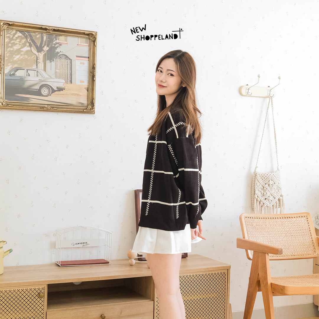 Nathan Grid Line Oversize Knit Cardigan Premium Korean Style