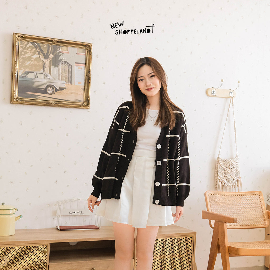 Nathan Grid Line Oversize Knit Cardigan Premium Korean Style