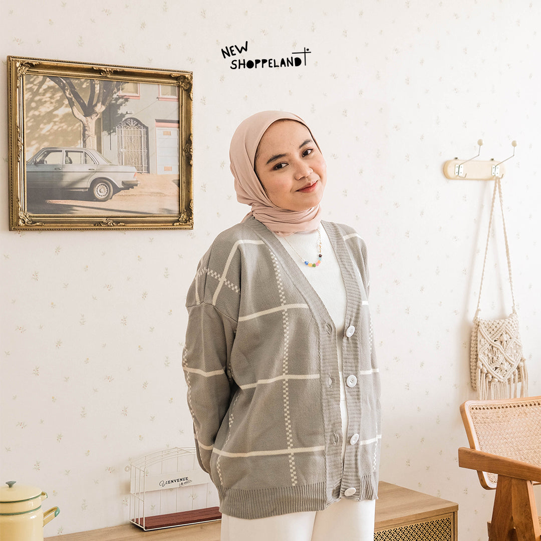 Nathan Grid Line Oversize Knit Cardigan Premium Korean Style