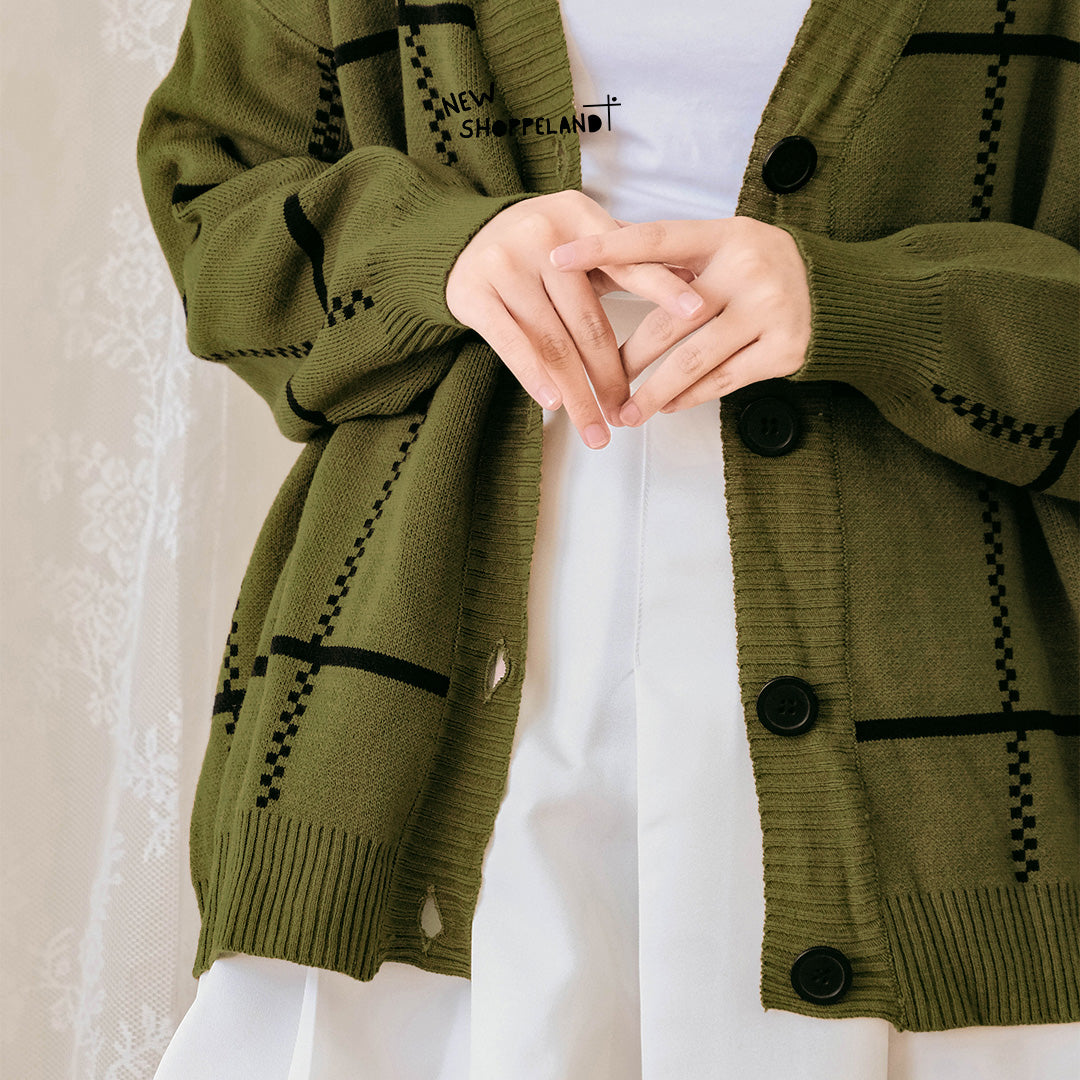 Nathan Grid Line Oversize Knit Cardigan Premium Korean Style